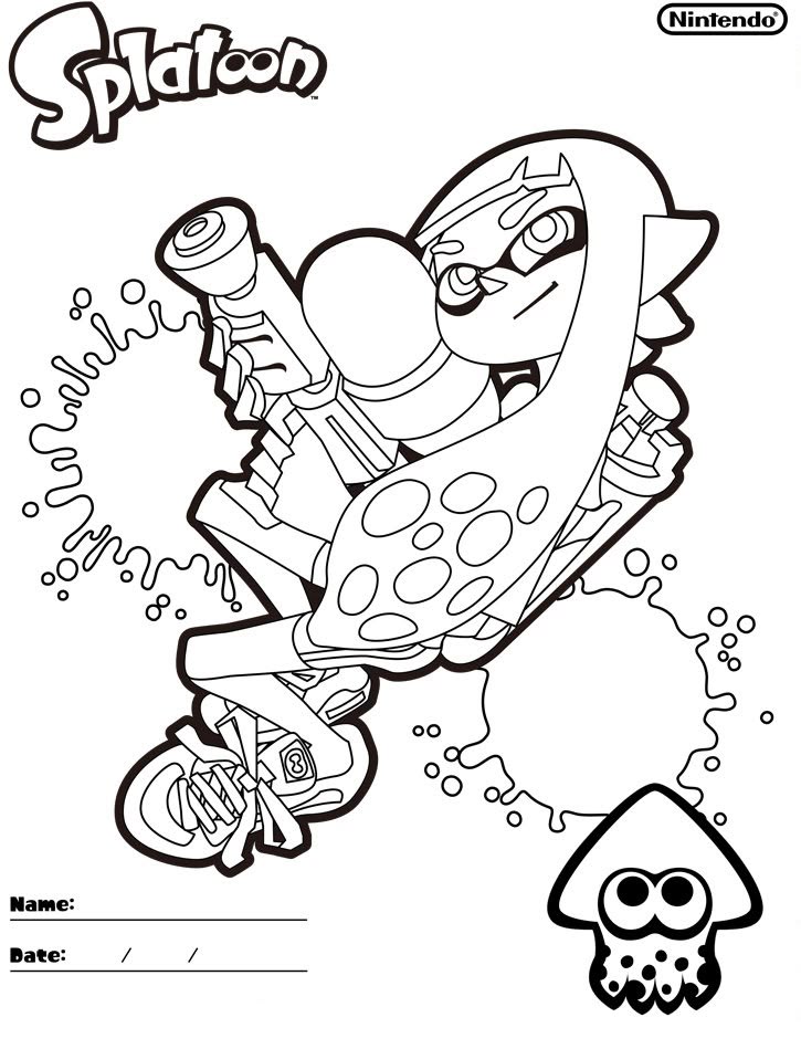 Splatoon coloring page with character and ink splashes