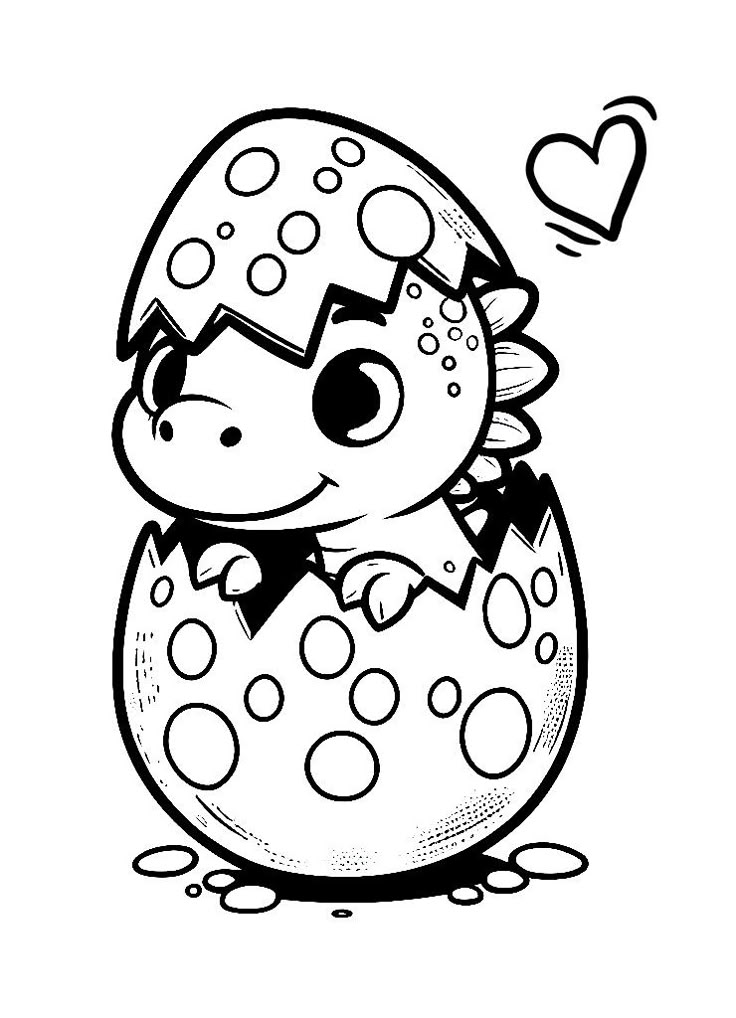 Cute cartoon dinosaur hatching from egg, heart above