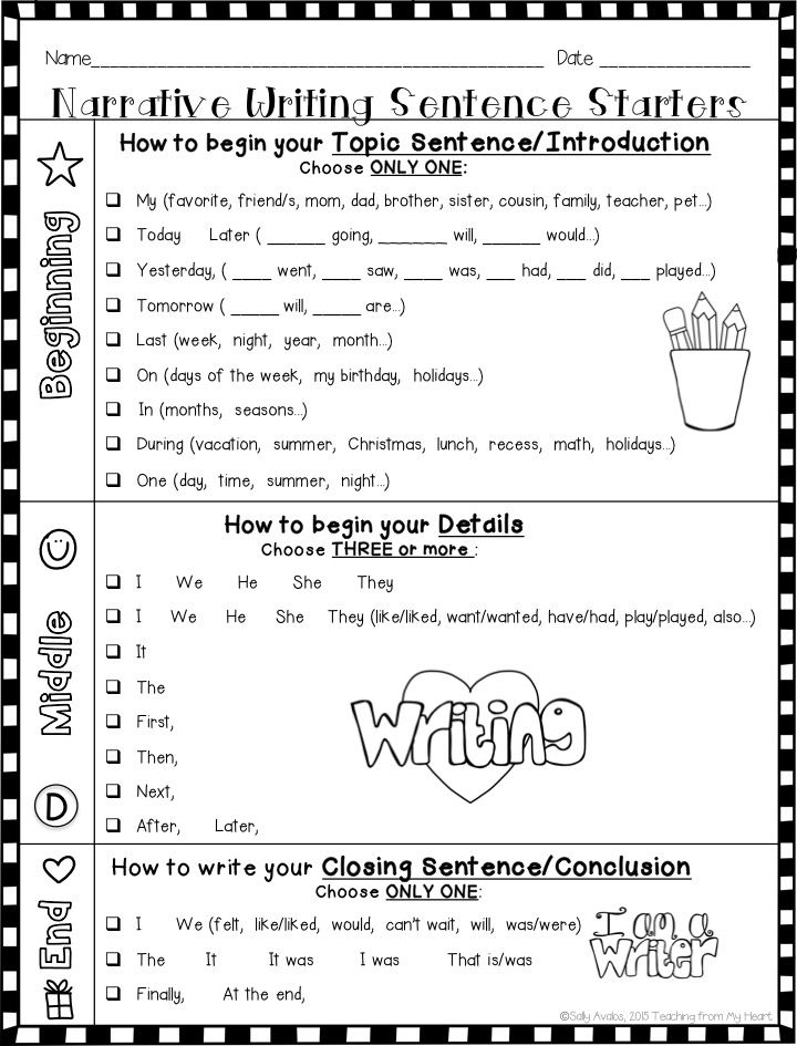 Narrative writing sentence starters worksheet poster with checkboxes