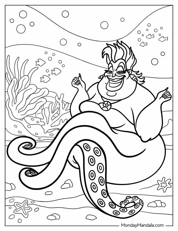 Black-and-white underwater coloring page of Ursula-like sea witch