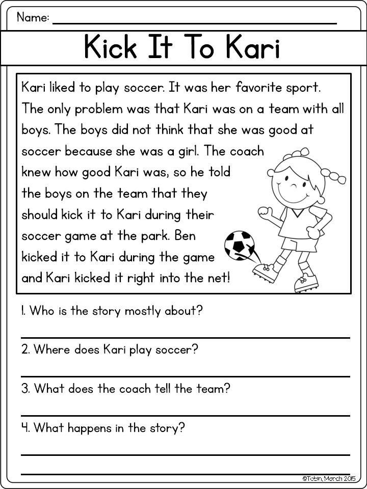 Black-and-white reading worksheet about Kari playing soccer