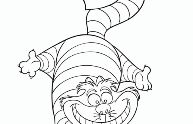 Line drawing of grinning striped cat hanging upside down