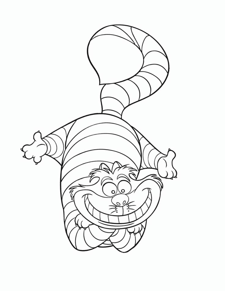 Line drawing of grinning striped cat hanging upside down
