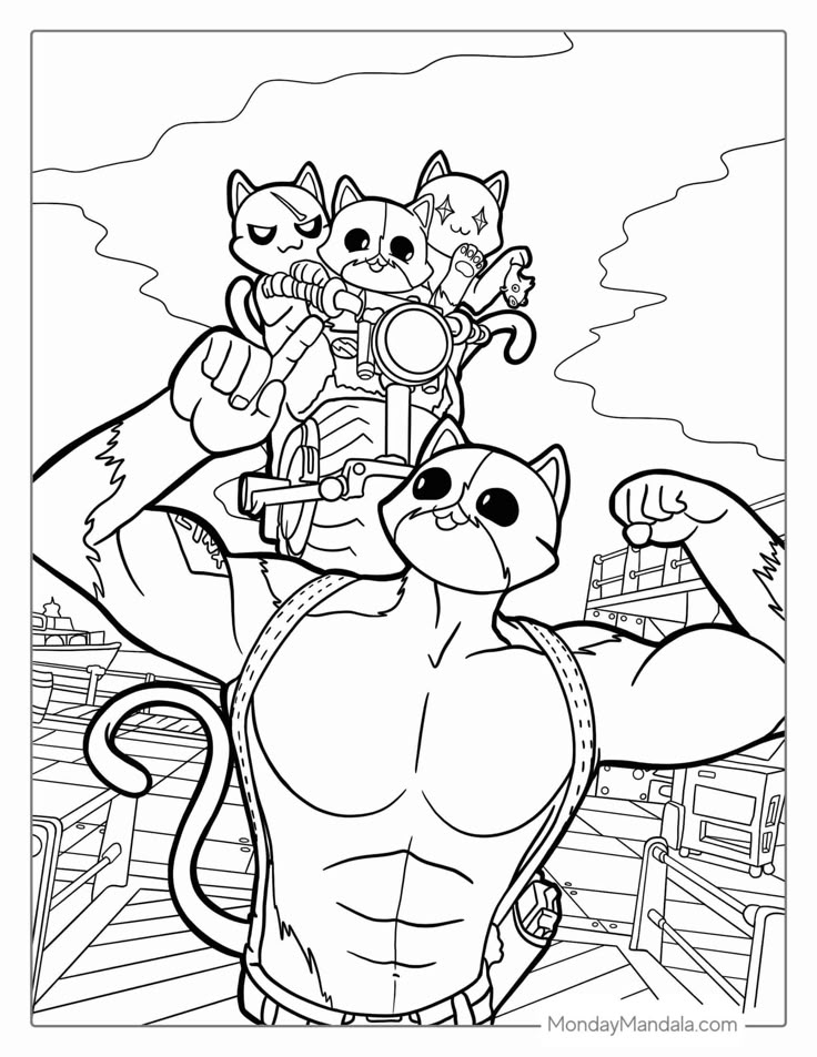 Black-and-white cartoon cats riding motorcycle, flexing muscular cat foreground