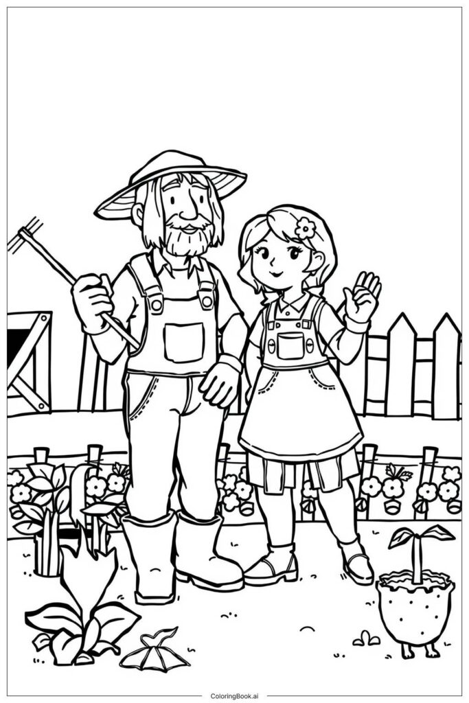Farmer and girl waving in a garden line drawing