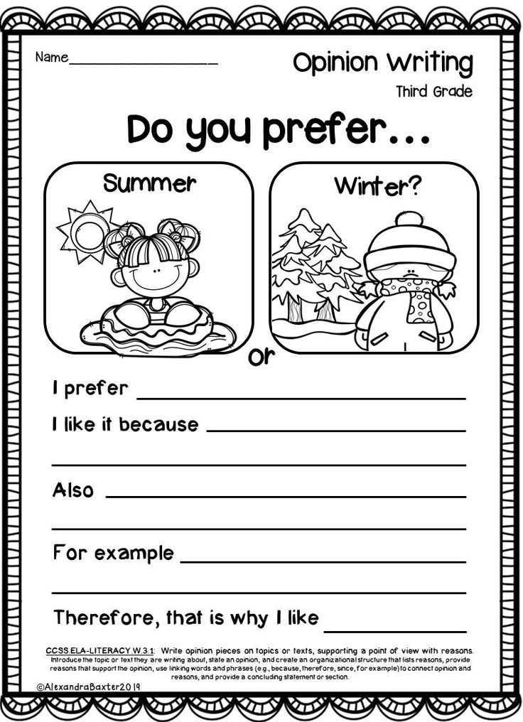 Black-and-white opinion writing worksheet about summer versus winter