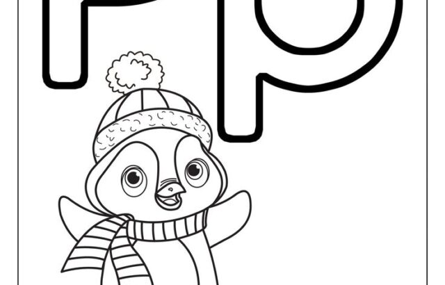 Letter P penguin coloring page with hat and scarf