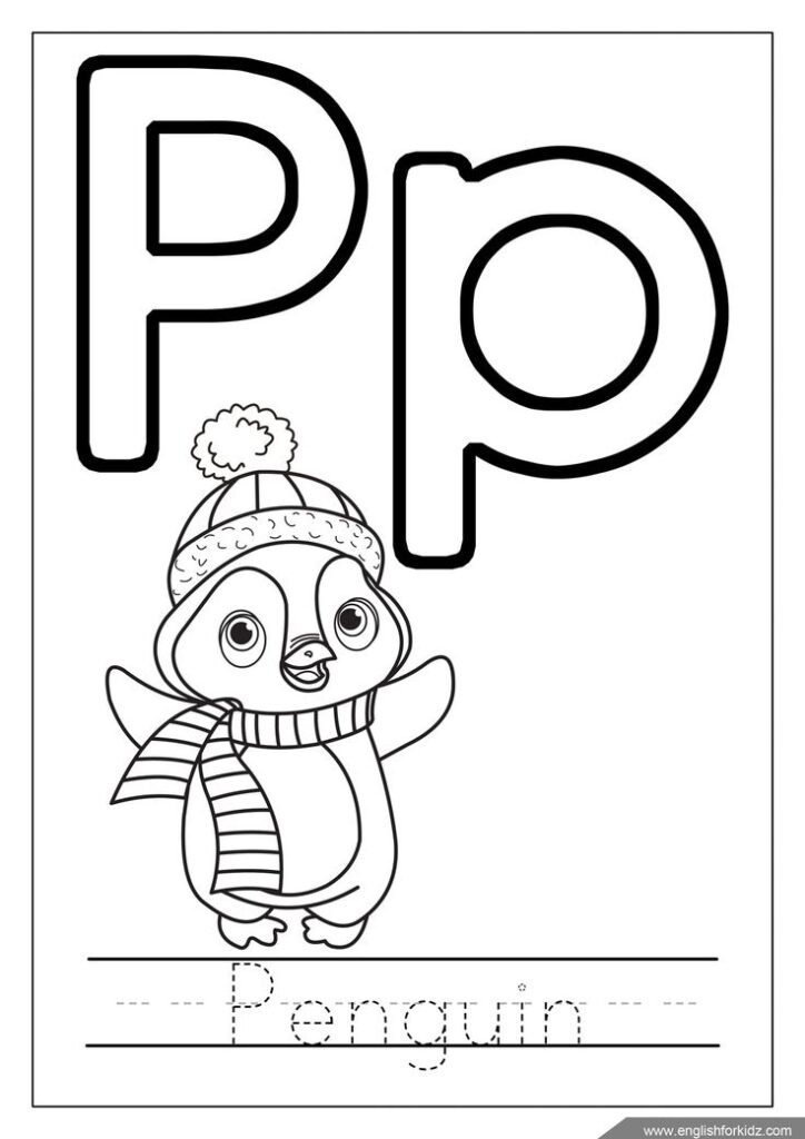 Letter P penguin coloring page with hat and scarf