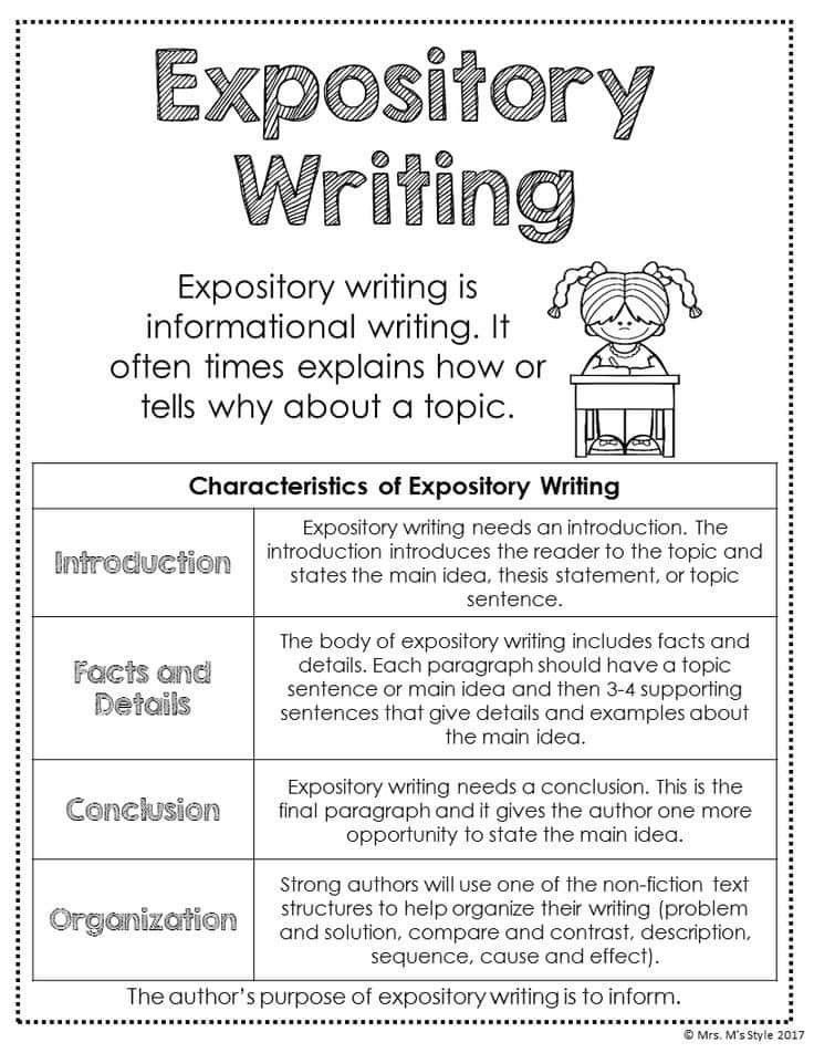 Expository writing worksheet with characteristics chart and cartoon girl