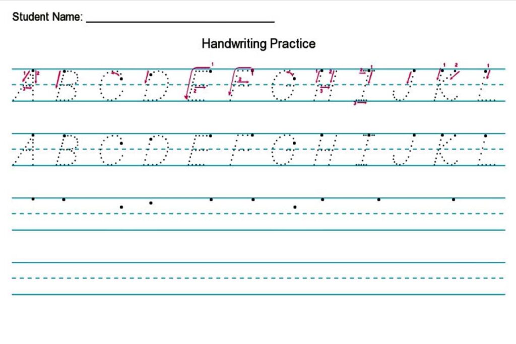 Handwriting practice worksheet with dotted letters and lines