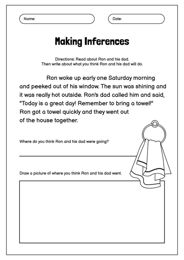 Black-and-white making inferences worksheet with towel illustration