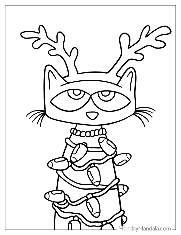 Outlined cat with antlers and string lights coloring page