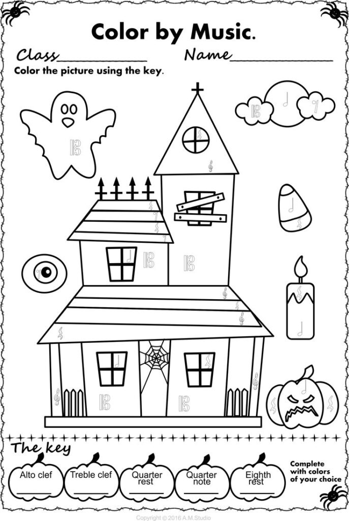 Halloween music coloring page with haunted house and symbols