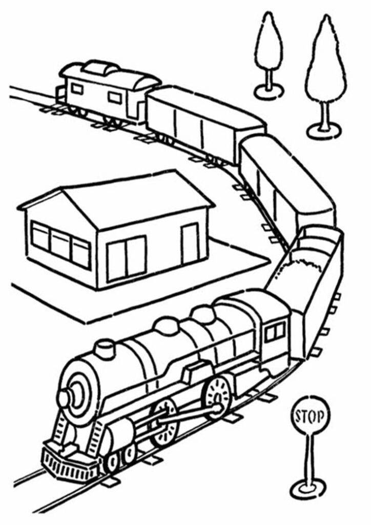 Black-and-white drawing of a steam train near a house and trees