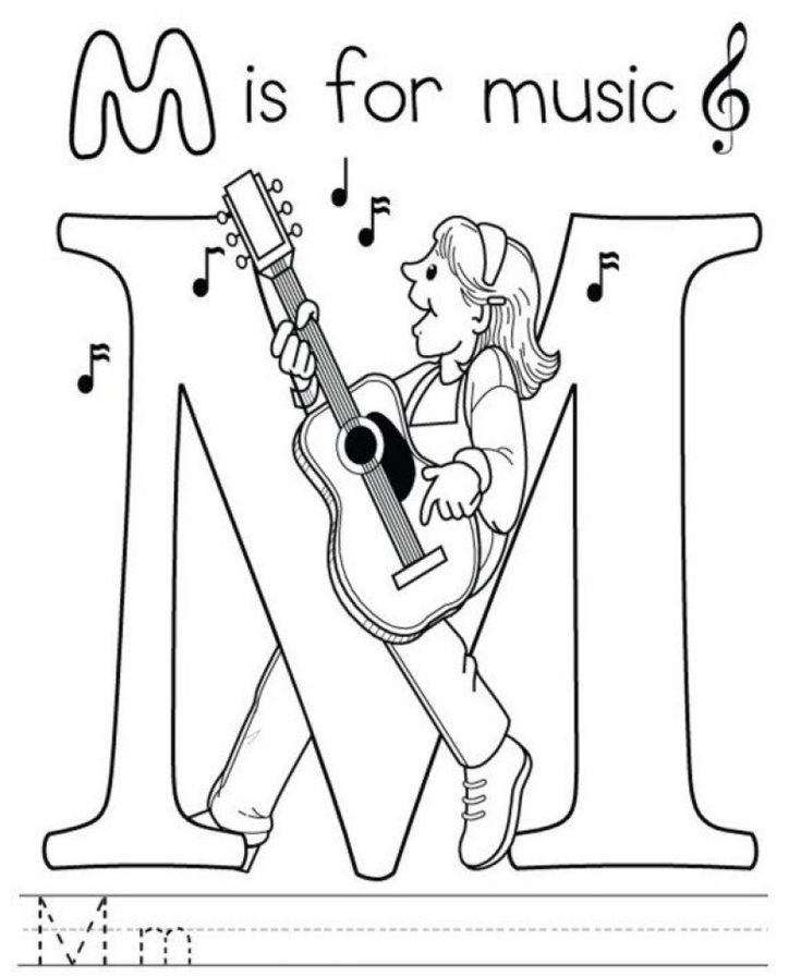 Black-and-white music coloring page with girl and guitar