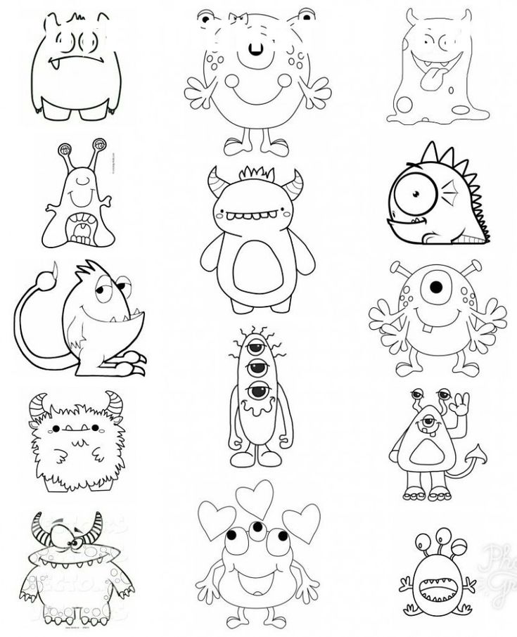 Page of cartoon monster coloring outlines on white background