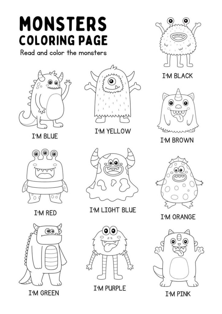 Monster coloring page with nine cartoon creatures
