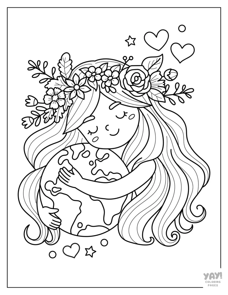 Girl hugging Earth with flowers and hearts