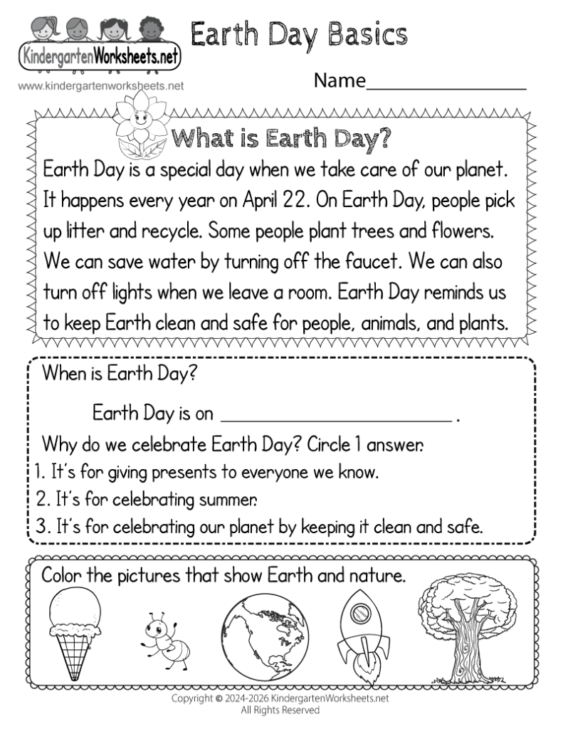 Earth Day worksheet with reading and coloring activities