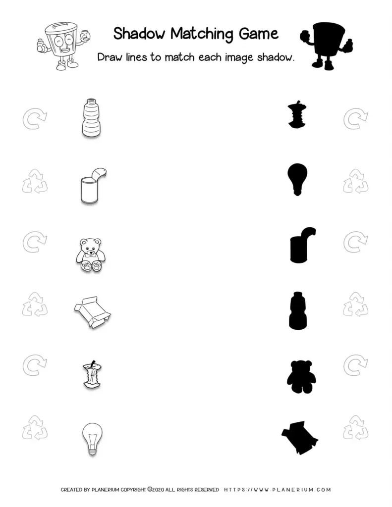 Shadow matching worksheet with objects and silhouettes