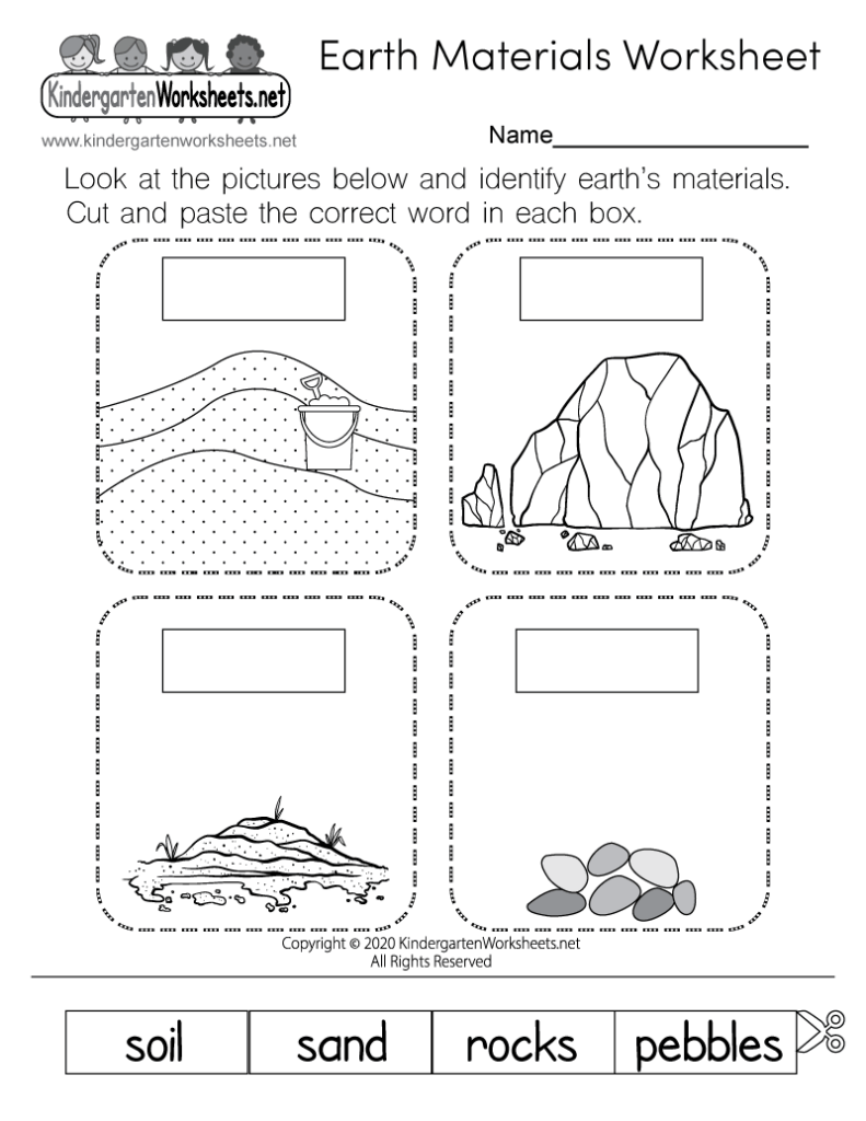 Earth materials worksheet with pictures of sand, rocks, soil, pebbles