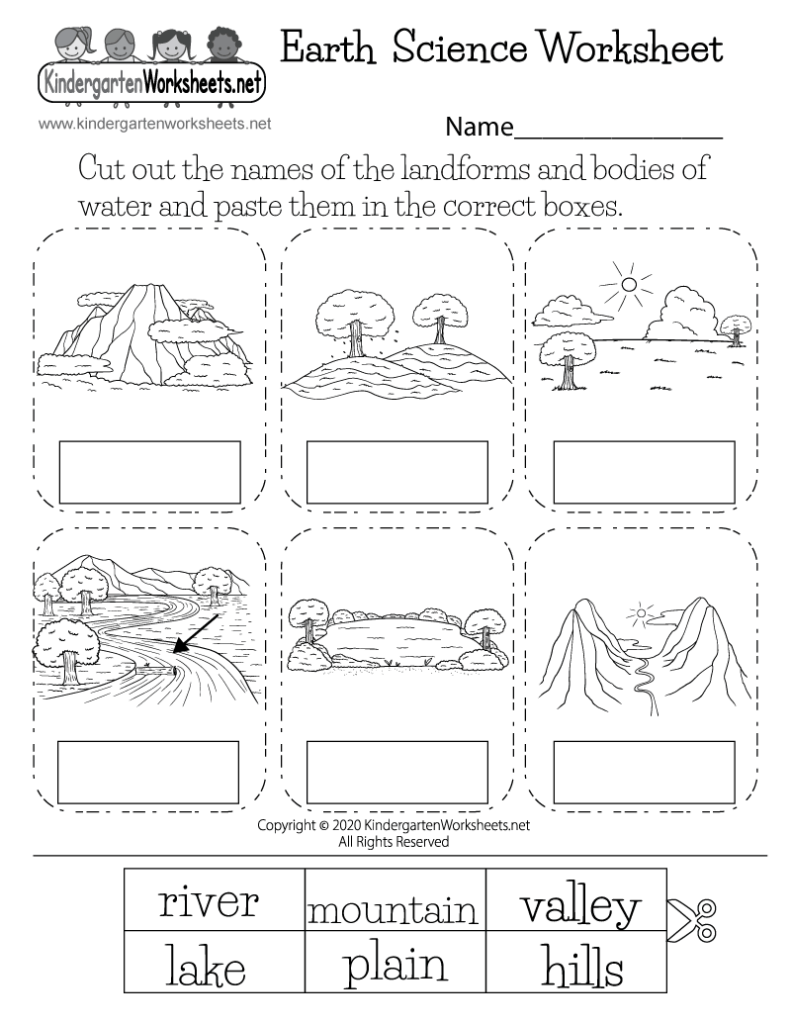 Earth science worksheet with six landscape drawings and word bank