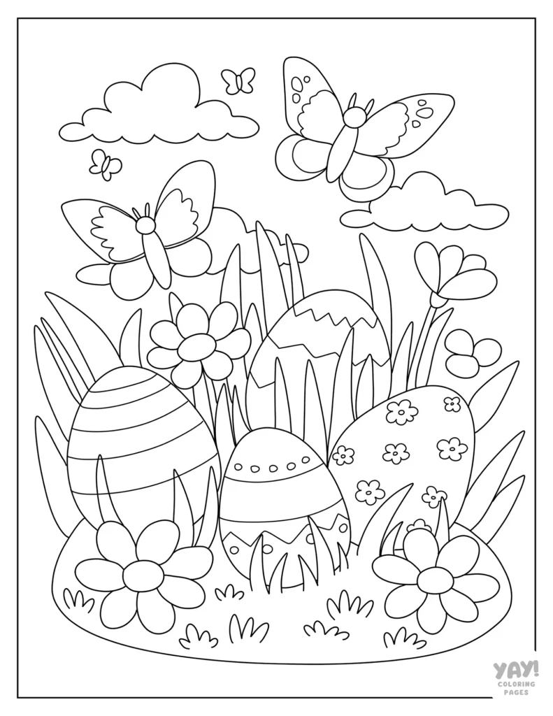 Easter eggs, flowers, butterflies, and clouds coloring page