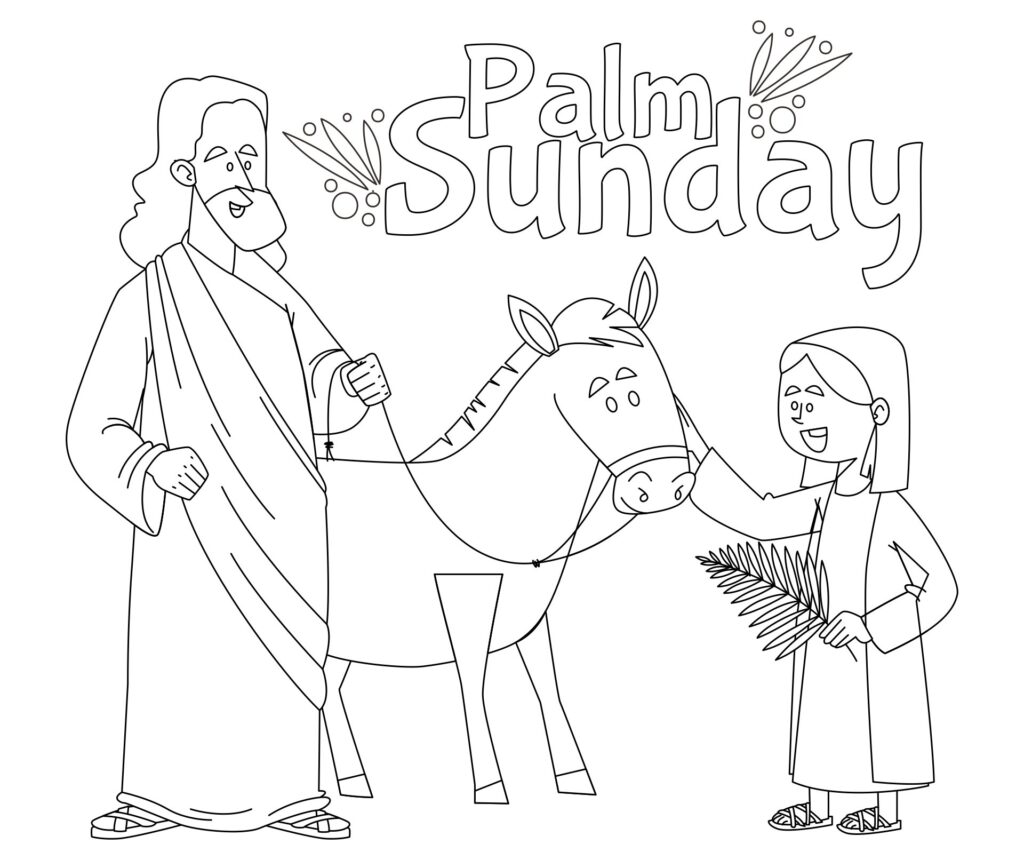 Palm Sunday coloring page with Jesus, donkey, and child holding palm branches