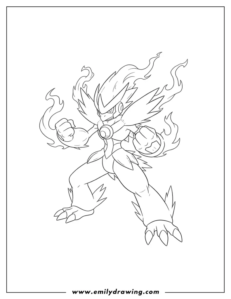 Black-and-white line drawing of a fiery humanoid creature
