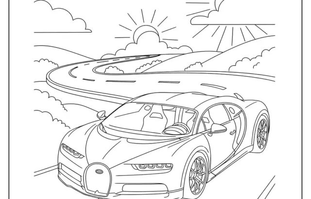 Sports car on winding road with sun and clouds