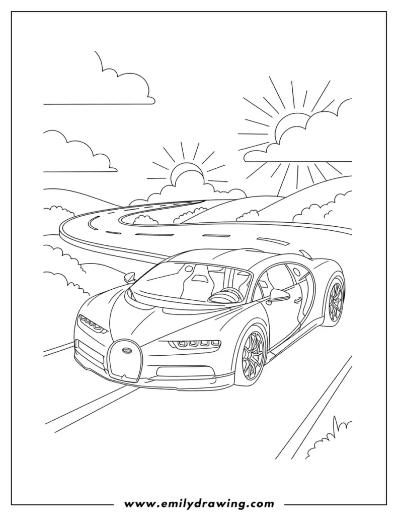 Sports car on winding road with sun and clouds