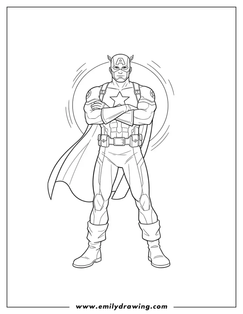Captain America coloring page with crossed arms, cape