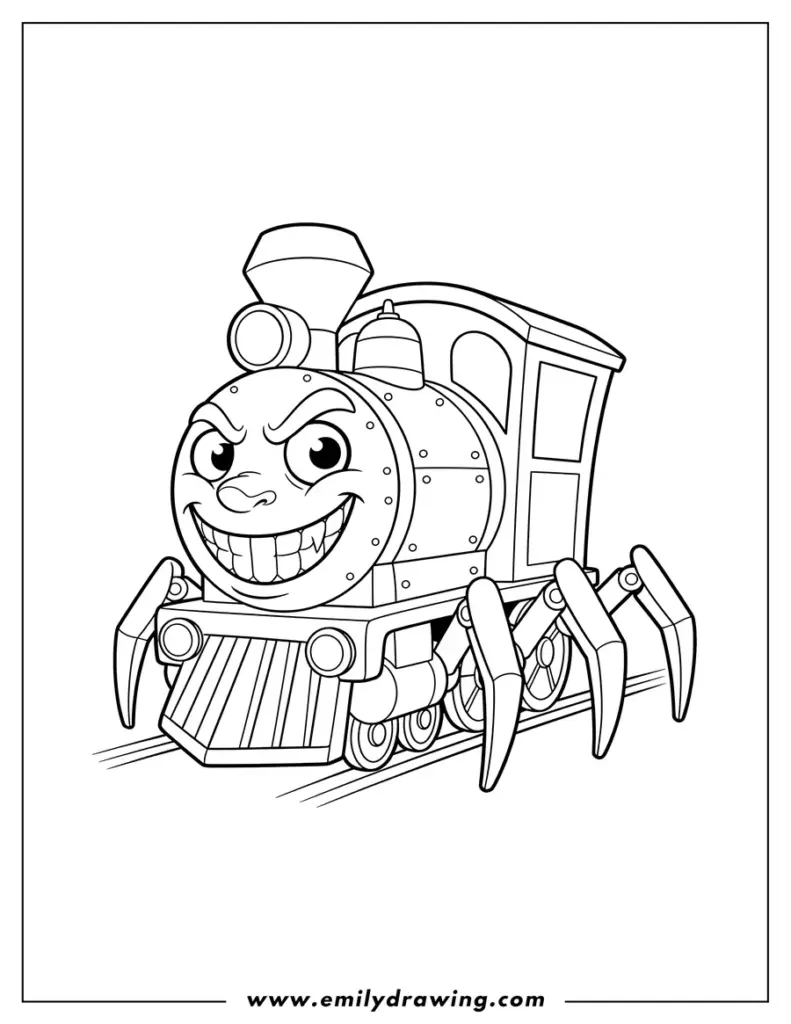 Cartoon train with spider legs and grinning face