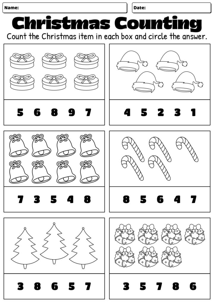 Christmas counting worksheet with holiday pictures and numbers