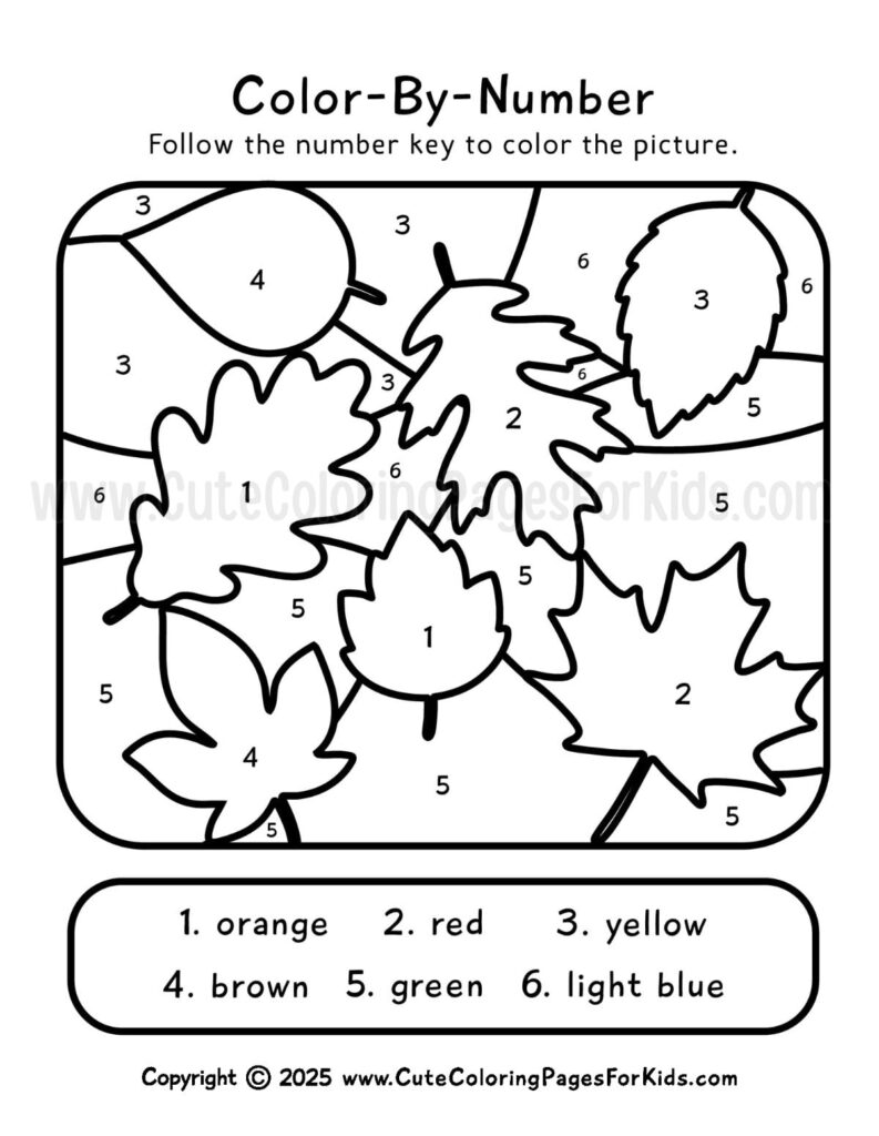Color-by-number worksheet with outlined autumn leaves