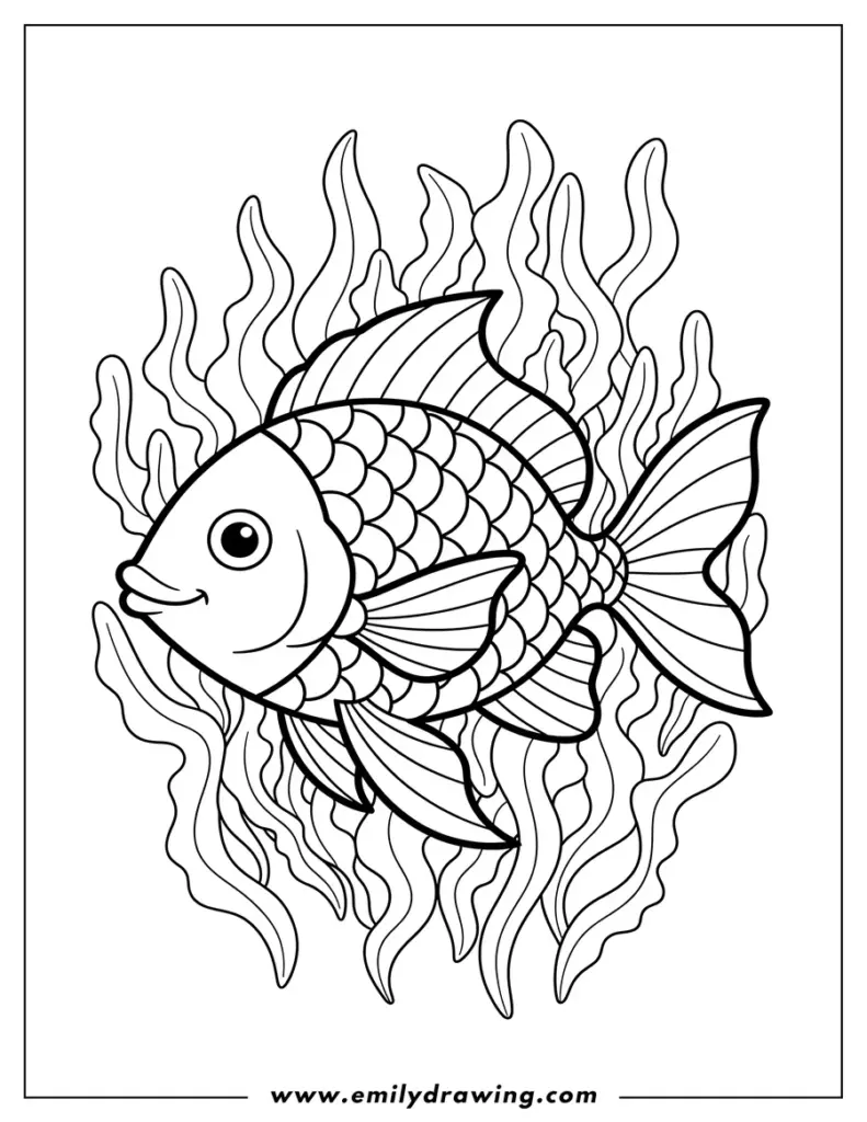 Black-and-white fish surrounded by seaweed lines