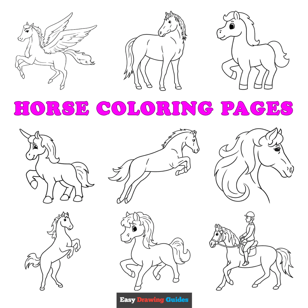 Nine horse coloring page drawings with title text