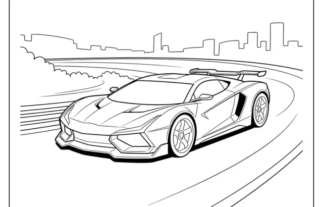Outlined sports car racing on curving track, city skyline behind