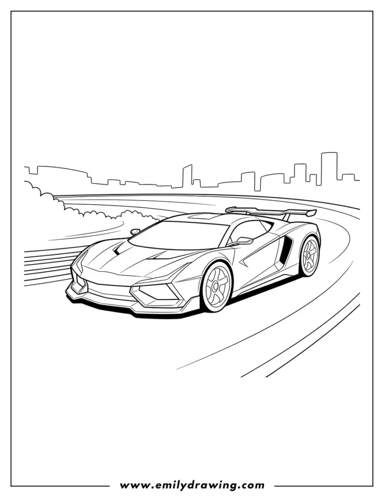 Outlined sports car racing on curving track, city skyline behind