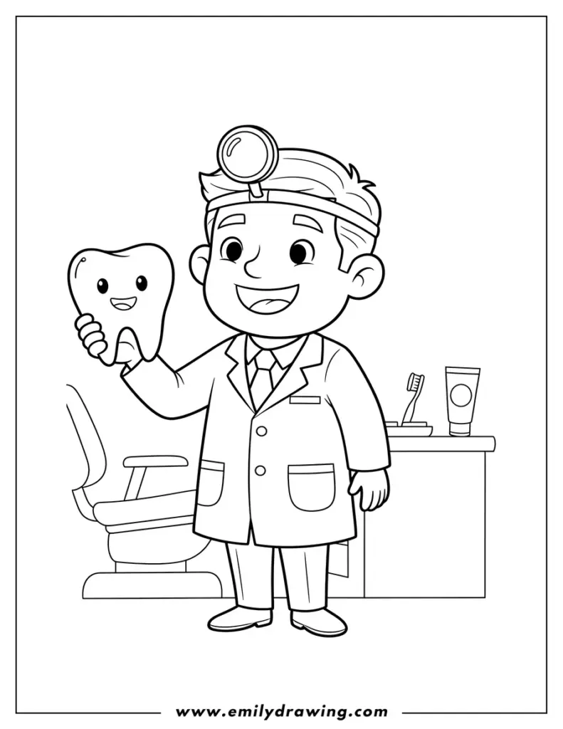 Smiling dentist holding a tooth in a clinic