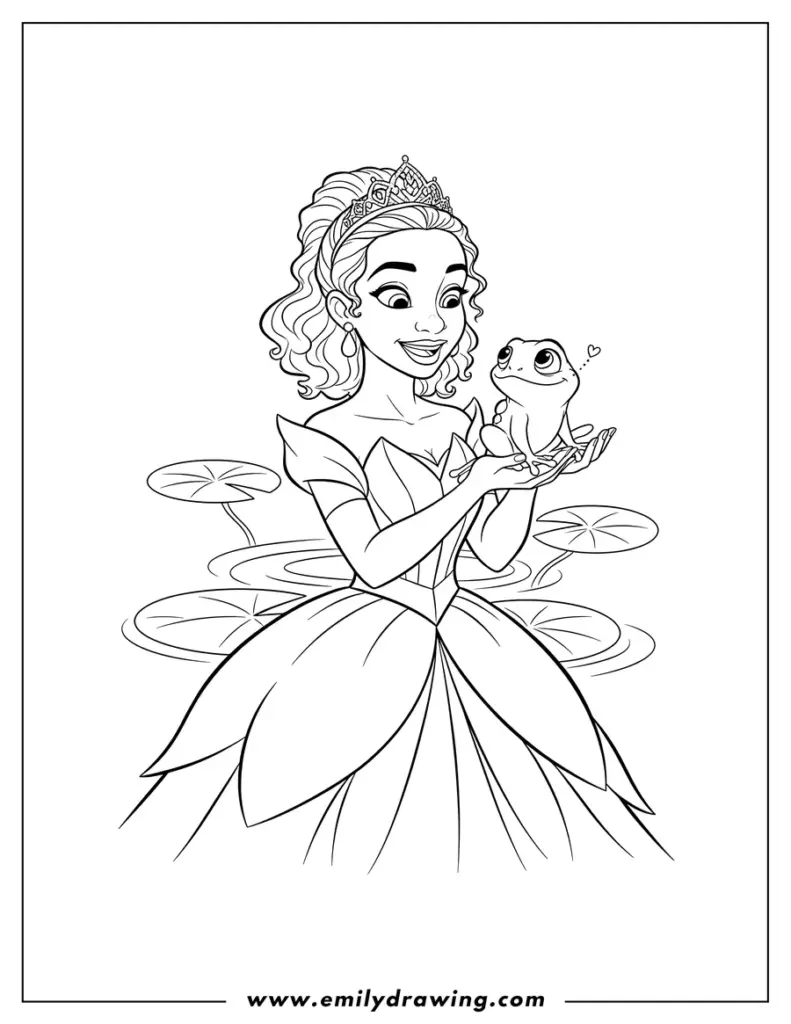 Coloring page of princess holding a frog on lily pads