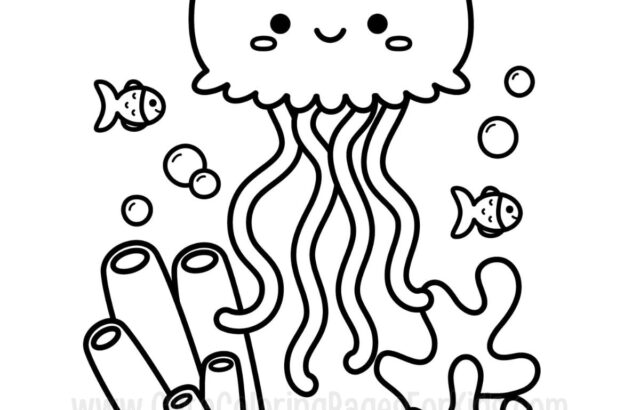 Cute cartoon jellyfish with fish and coral