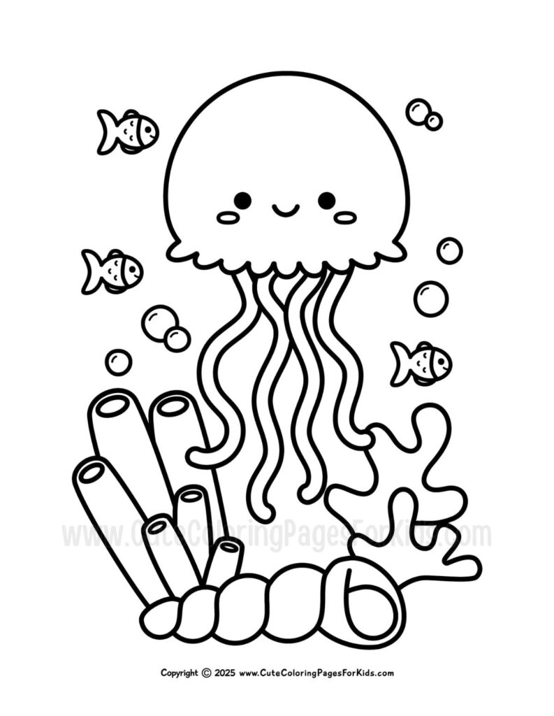 Cute cartoon jellyfish with fish and coral