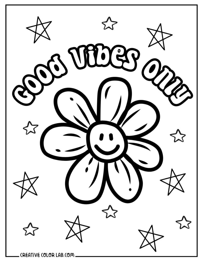 Good vibes only coloring page with smiling flower