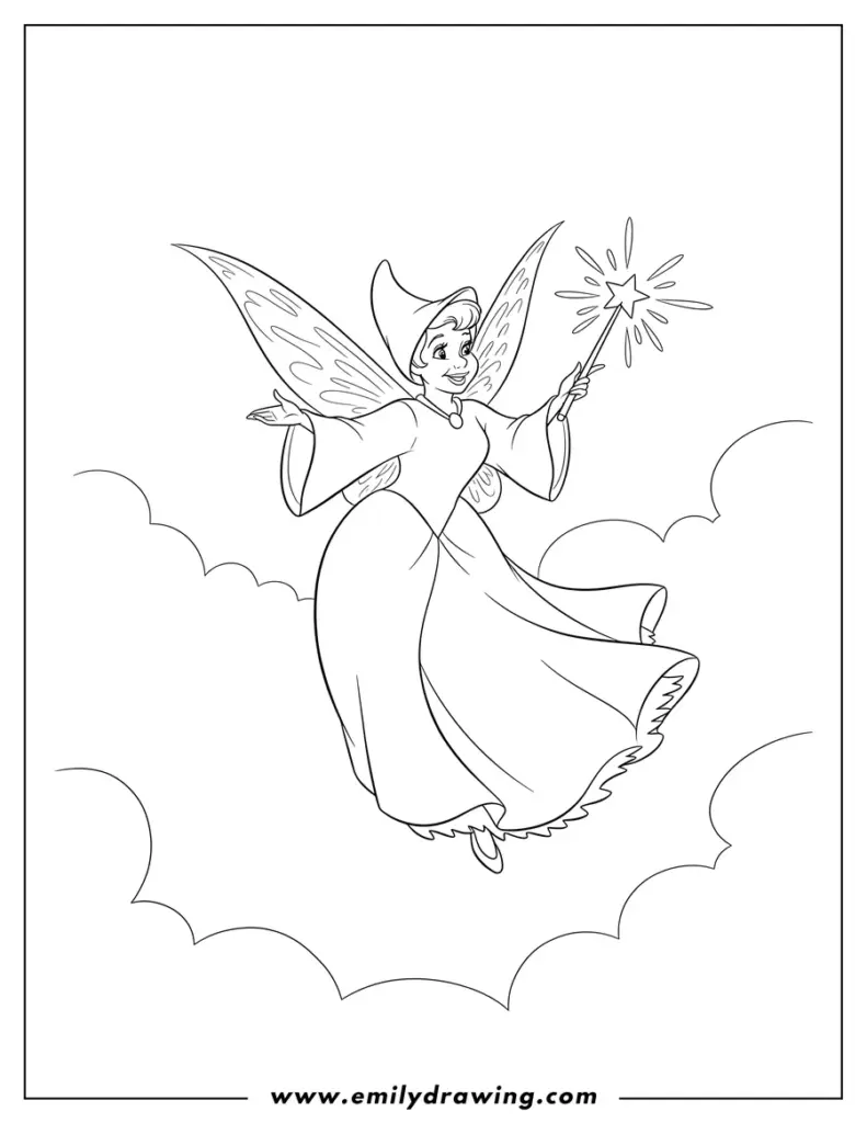 Winged fairy holding a wand above clouds
