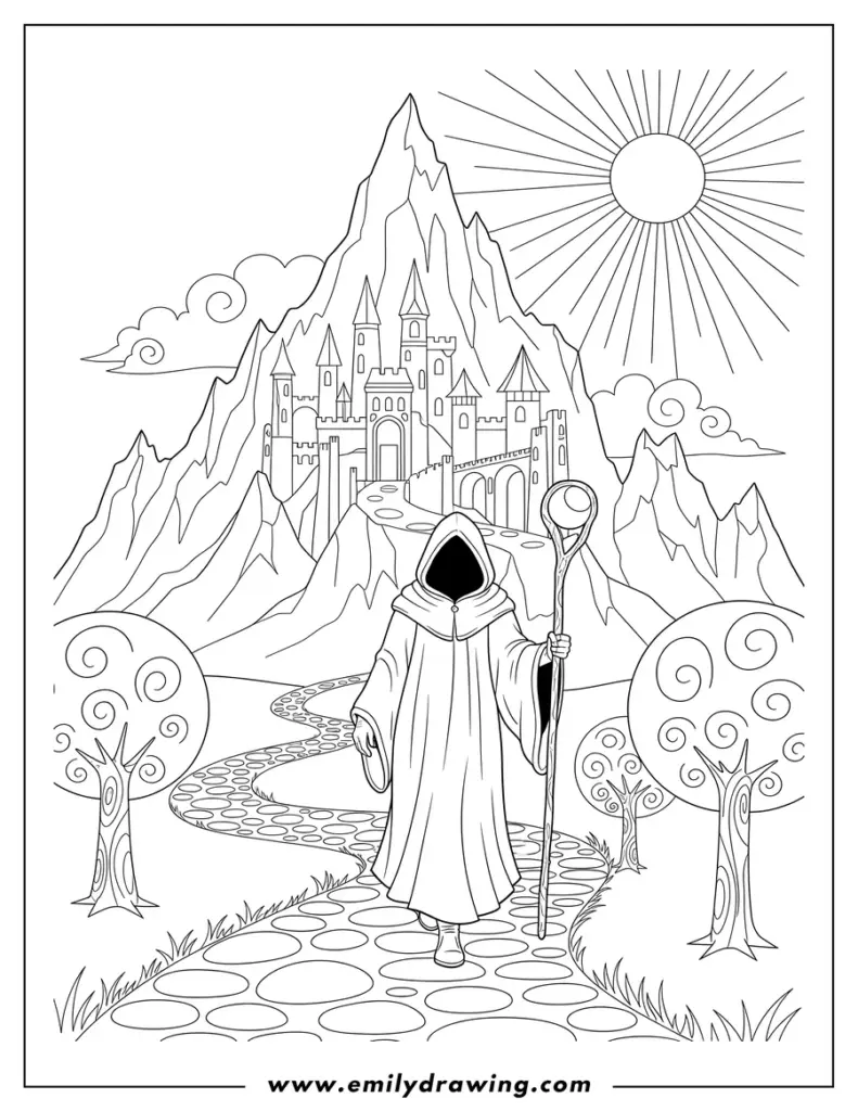 Line art of hooded figure facing mountain castle and sun