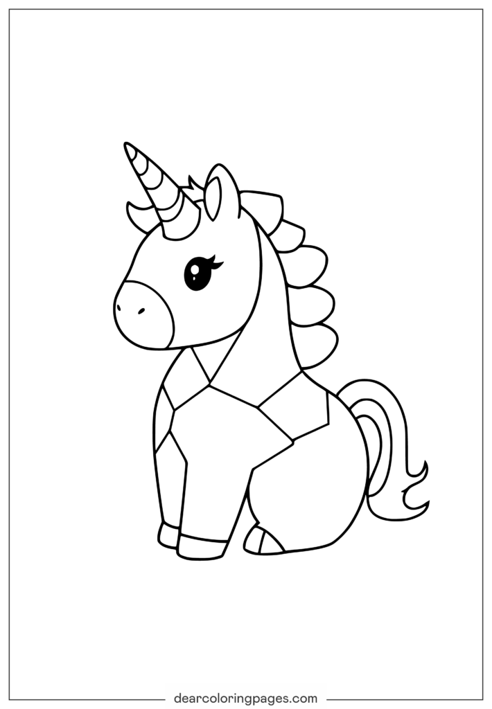 Cartoon unicorn coloring page with website watermark