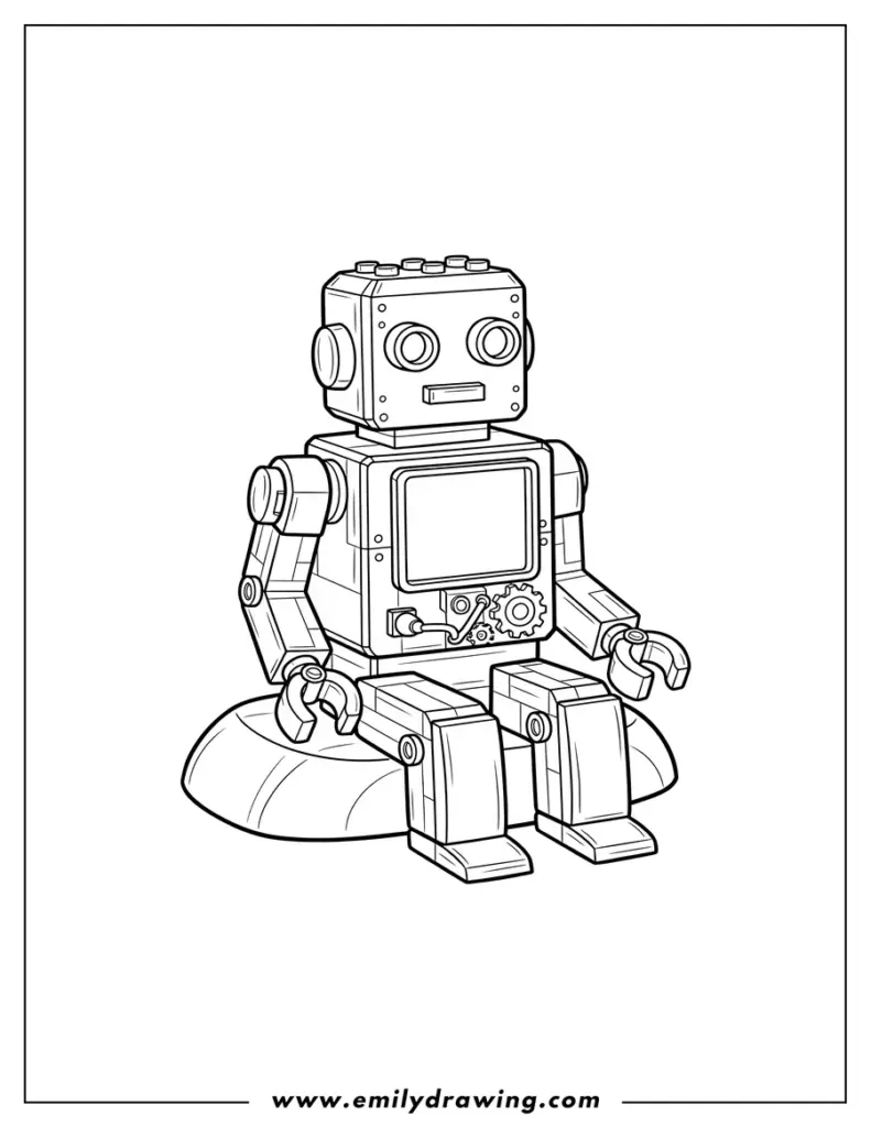 Black-and-white line drawing of seated robot