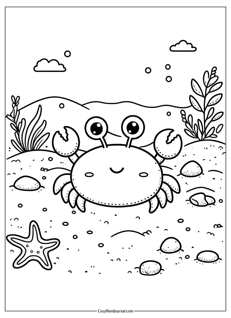 Cartoon crab underwater coloring page with starfish and plants
