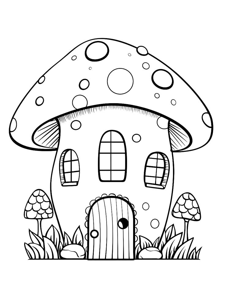 Black-and-white cartoon mushroom house with windows and door